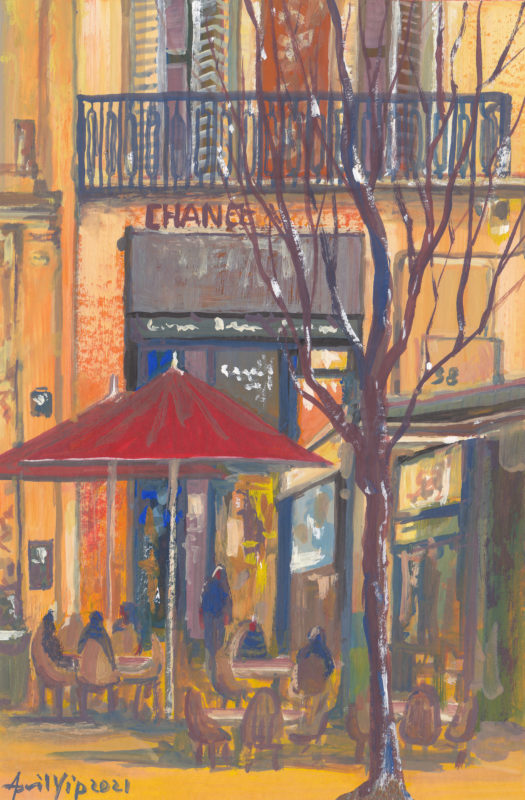 Cafe in France, 12.5x19cm, Poster colors on 360gsm Acrylics paper, USD 65