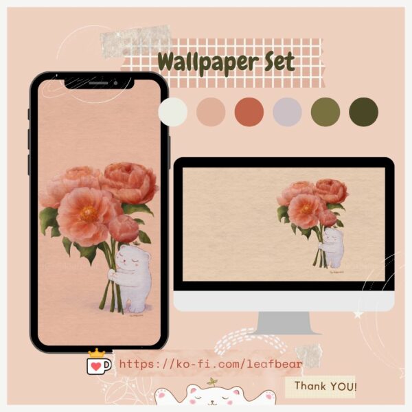 Leafbear and Peonies Wallpaper Set