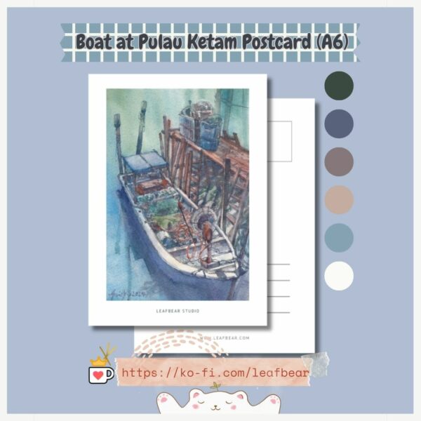 Printable postcard featuring the Boat at Pulau Ketam Watercolor Painting